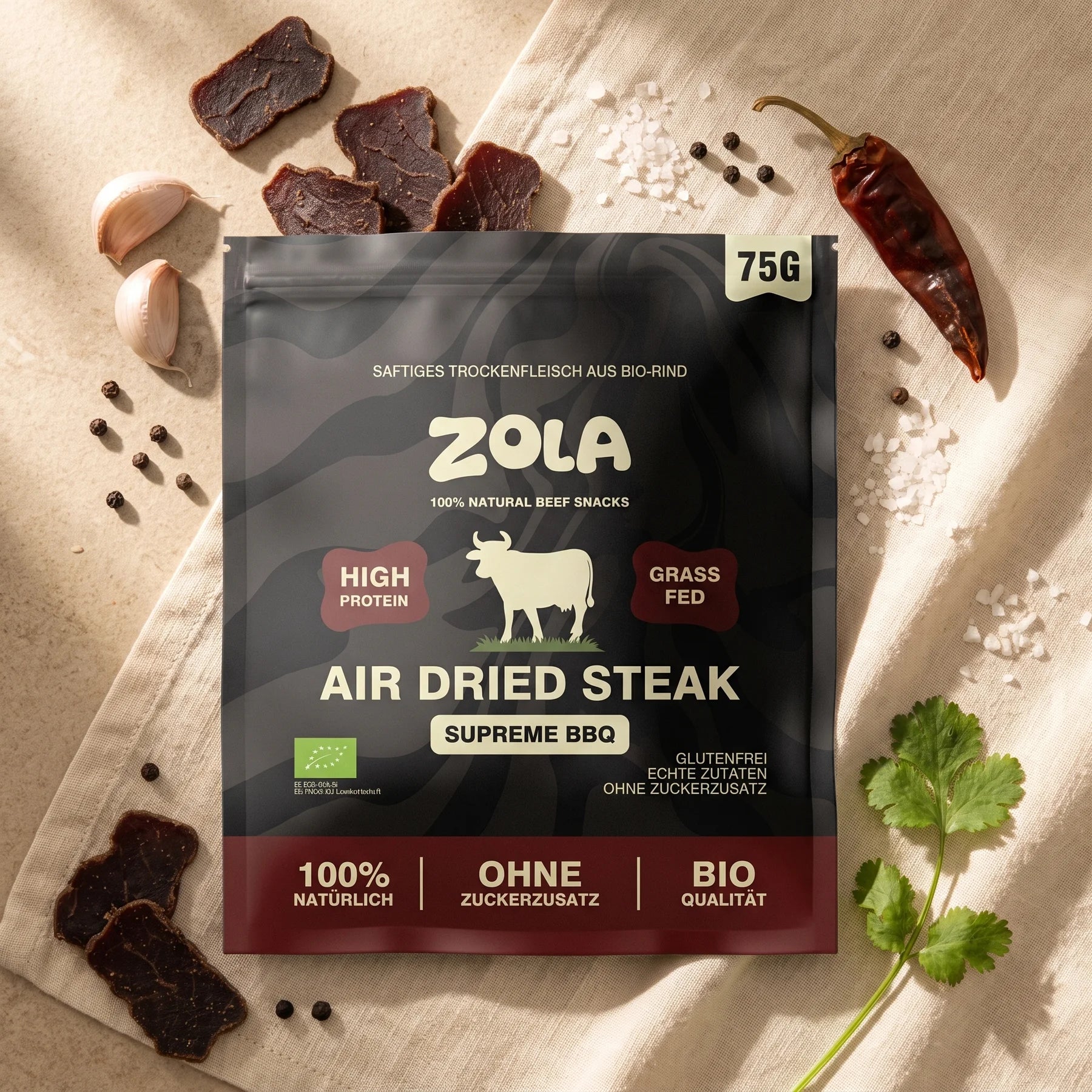 ZOLA Air Dried Steak Pack mit echten Zutaten auf Leinen