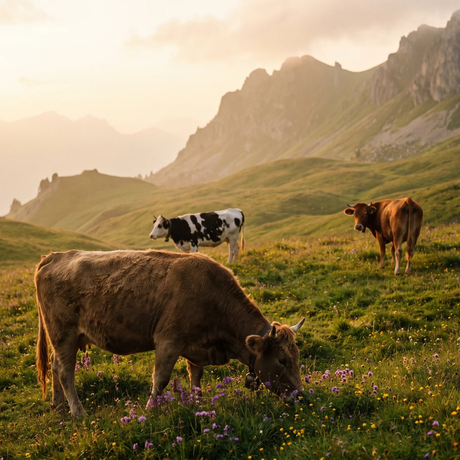 Drei Grass-Fed Kühe auf Alpweide bei goldenem Licht